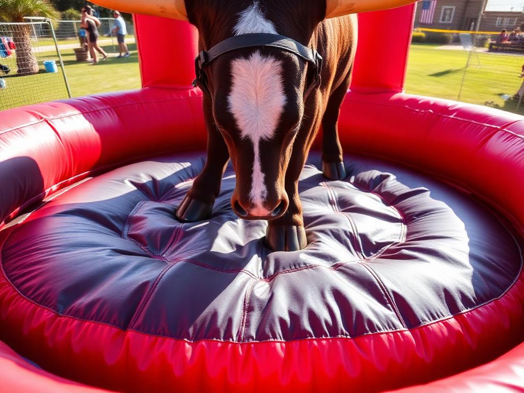 Inflatable safety mat surrounding the mechanical bull